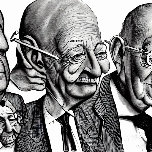 Image similar to Jacob Rothschild and george soros and Klaus Schwab by Ralph Steadman illustration dollar bills, body horror, evil, scribbles biopunk, 8k , trending on artstation