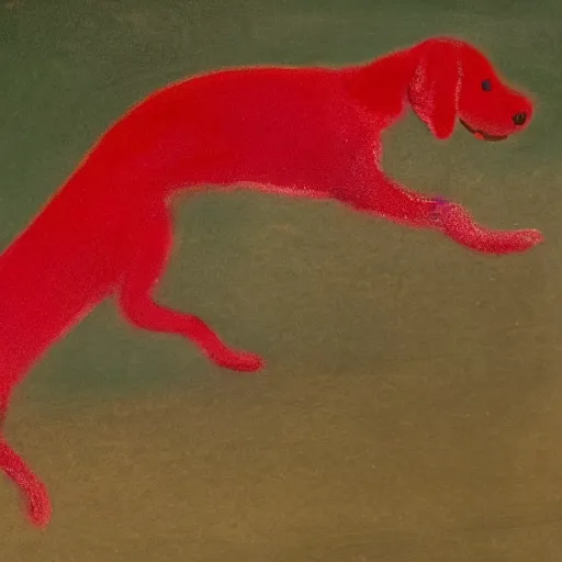 Prompt: Red long dog chasing its own tail. in the art style of William Turner. Minimalistic composition. High resolution. High details.