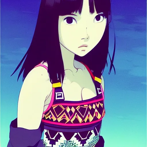 Image similar to a beautiful plus sized model japanese natalie portman, alluring plus sized model, wearing mayan leotard with elegant mayan apron overalls, street fashion hip hop style with mayan patterns, aztec street fashion, gapmoe yandere grimdark, trending on pixiv fanbox, painted by greg rutkowski makoto shinkai takashi takeuchi studio ghibli, akihiko yoshida