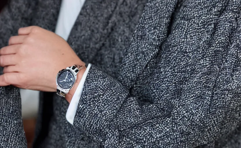 Image similar to a wide shot of a lady with a wool suit, wearing an omega speedmaster on her wrist