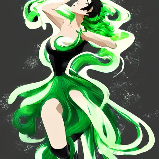Prompt: tatsumaki from one punch man, green wavy hair, black dress, fine details, digital painting, pretty face, sharp focus, light and shadow effects, dynamic pose, by cushart krenz, by makoto shinkai