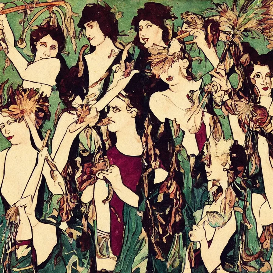 Prompt: an art nouveau painting of six punk rockers holding toilet plungers and feather dusters .