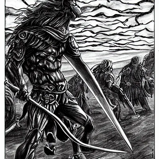 Image similar to A very detailed sketch of a wounded warrior with a sword fighting a plethora of monsters and demons, black and white, sun eclipse, focus on the sky, Kentaro Miura style, high-detailed