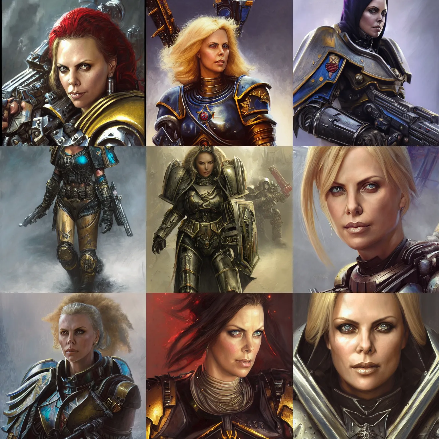 Prompt: Charlize Theron as Sister of Battle, warhammer 40k, closeup character portrait art by Donato Giancola, Craig Mullins, digital art, trending on artstation