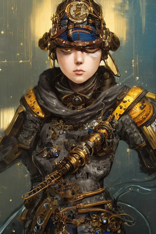 Prompt: a Portrait of a steampunk sci-fi ninja, third person, D&D, sci-fi fantasy, intricate, blue and gold, highly detailed , art by Range Murata, rim lighting, highly detailed, 3d, octane render, bright colors, digital painting, trending on artstation, sharp focus, illustration style of Stanley Artgerm,