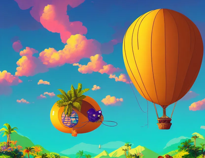 Prompt: adventurer mouse travelling on a blimp above tropical landscape. complementary colors, vaporwave, gouache, indie concept art, bloom, chiaroscuro, backlighting, intricate details.