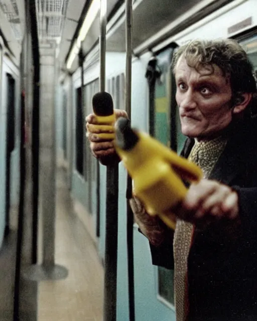 Prompt: movie villain, actor david patrick kelly practicing with his brightly glowing nunchucks while riding a subway train, movie dreamscape