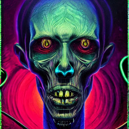 Image similar to a death tarot featuring a haitian voodoo priest with menacing eyes, blacklight neon colors, by anton semenov and android jones in cyberpunk voodoo style, oil on canvas, 8k