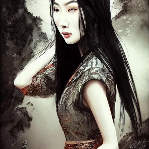 Prompt: ancient chinese princess, standing in an oasis in the desert, elegant, headshot, long black hair, ink painting, smooth, concept art, art by wlop