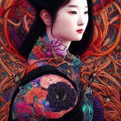 Image similar to portrait of liu yifei, hyper detailed masterpiece, neon floral pattern, jean giraud, digital art painting, darkwave goth aesthetic, psychedelic, artgerm, donato giancola and tom bagshaw