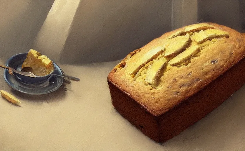 Prompt: A painting of Banana Bread trending on artstation in the style of Greg Rutkowski