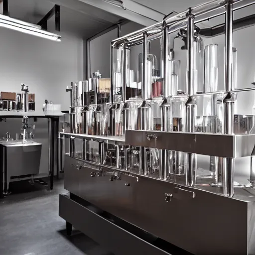 Image similar to a complex, high-end, laboratory with chemistry paraphernalias used to brew coffee, ambient lighting, 4K