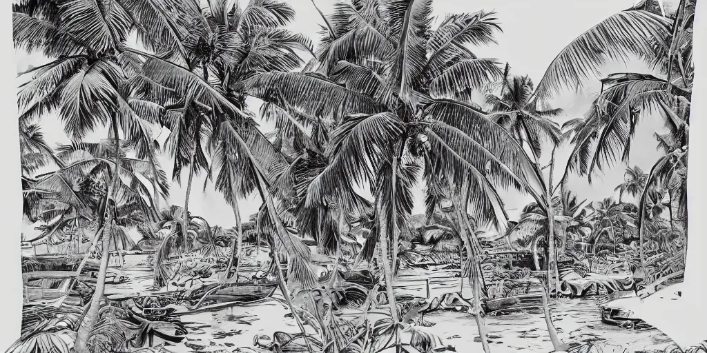 Image similar to tropical island, 8 k, high resolution, detailed charcoal drawing, beautiful hd, art nouveau, concept art, colourful artwork, in the style of axel aabrink