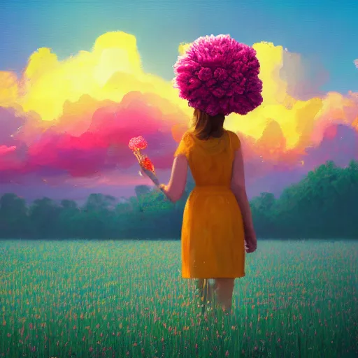 Image similar to girl with a giant carnation head, surreal photography, flower field, sunset dramatic light, impressionist painting, colorful clouds, blue sky, digital painting, artstation, simon stalenhag