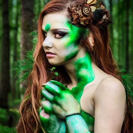 Prompt: young woman in a forest nymph costume striking a pose, intricate hairstyle, professional body paint, portrait photography, digital, photoshop, Helios 44-2, high definition, award winning, 4K UHD