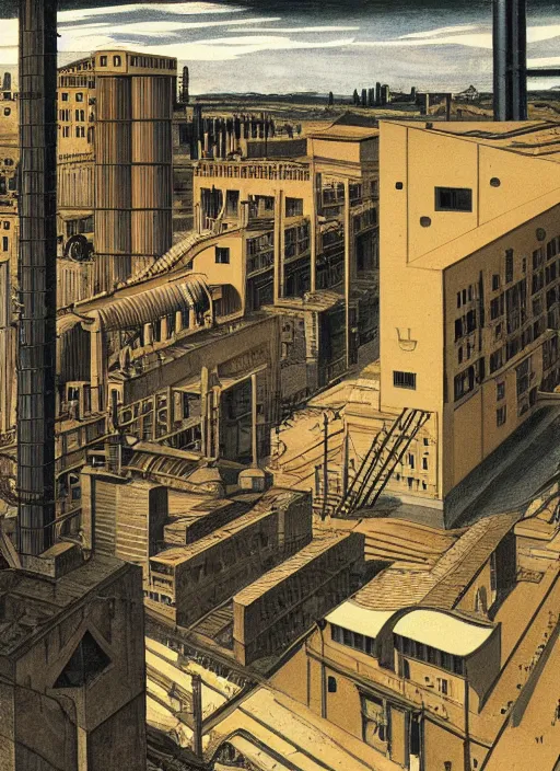 Image similar to an axonometric painting by giorgio de chirico of an elongated industrial warehouse designed by elia zenghelis