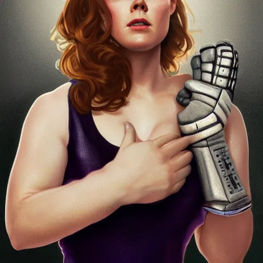 Prompt: Amy Adams showing a ring on correct female ice hockey glove, realistic, digital painting, portrait, elegant, cinematic lighting, mysterious, highly detailed, artstation, concept art, illustration, smooth, sharp focus, editor's pickup, trending on artstation, trending on deviantart, alphonse mucha, WLOP