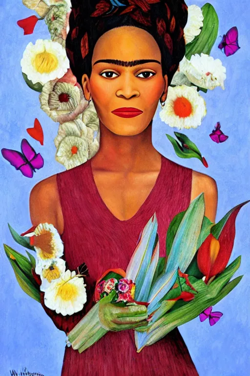 Image similar to Whitney Houston in Frida kahlo painting style