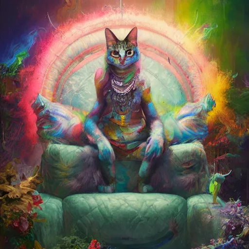 Prompt: The Rainbow cat enthroned , hyperrealism, no blur, 4k resolution, ultra detailed, style of Peter Mohrbacher, James Gurney, Ismail Inceoglu