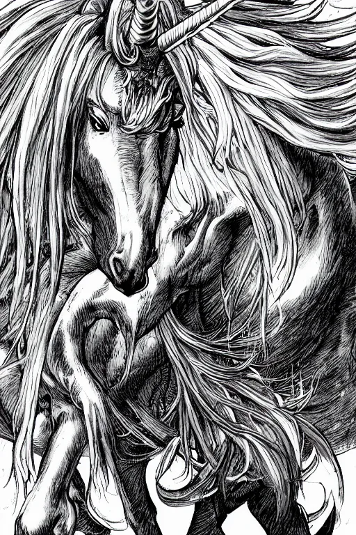 Image similar to unicorn, highly detailed, digital art, sharp focus, trending on art station, kentaro miura manga art style