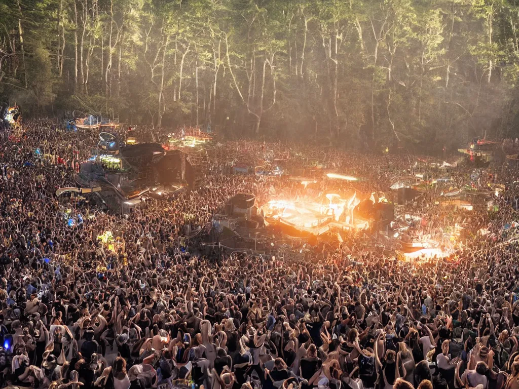 Image similar to an incredible masterpiece of a cyborg dj is playing a vast array of highly evolved and complex musical technology on a stage surrounded by an incredible and complex circular robotic structure playing highly evolved music overlooking a crowd at a forest festival lit by fire, by craig mullins