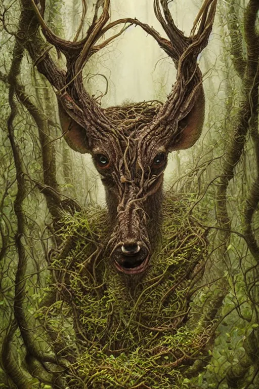 Prompt: deformed swamp deer twisted in vines and sludge by tomasz alen kopera.