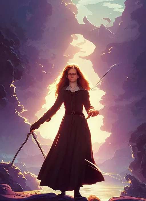 Prompt: Poster artwork by Michael Whelan and Tomer Hanuka, Karol Bak. Rendering of Emma Watson as Hermione Granger. Clean. Full of details. By Makoto Shinkai and thomas kinkade. Matte painting. Trending on artstation and unreal engine.