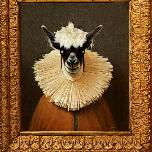 Prompt: A surreal, beautiful portrait of llama dressed in medieval attire by Rembrandt