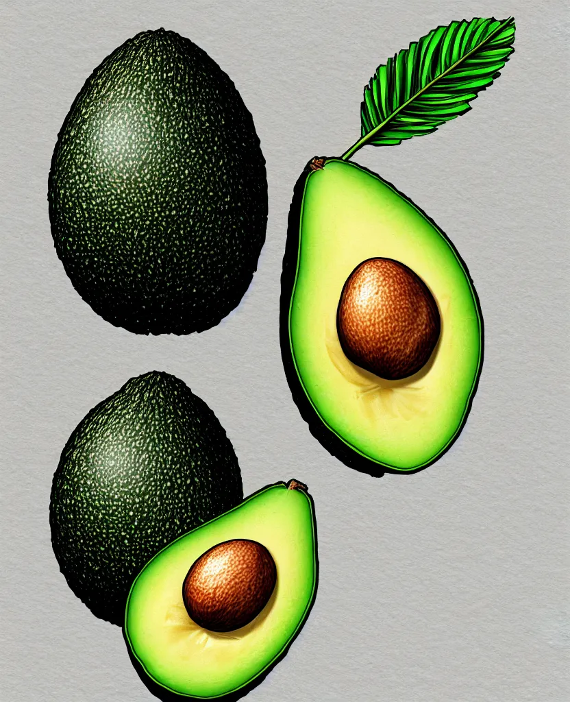 Prompt: illustrated sketch of one ripe avocado. detailed.