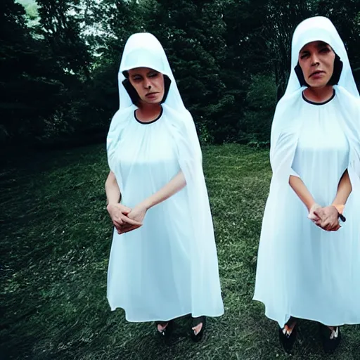 Image similar to photo of wearing pointed hats, translucent dresses, two freaky levitating twin nuns