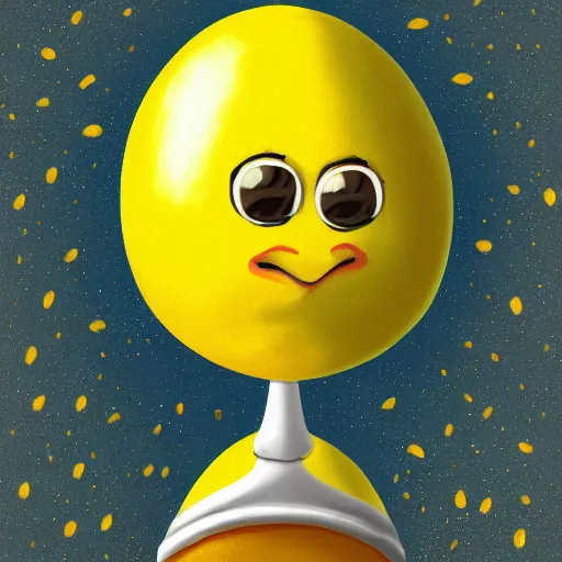 Image similar to a wide shot low angle digital painting of a realistic cartoony lemon with a face riding the universe like a surf board