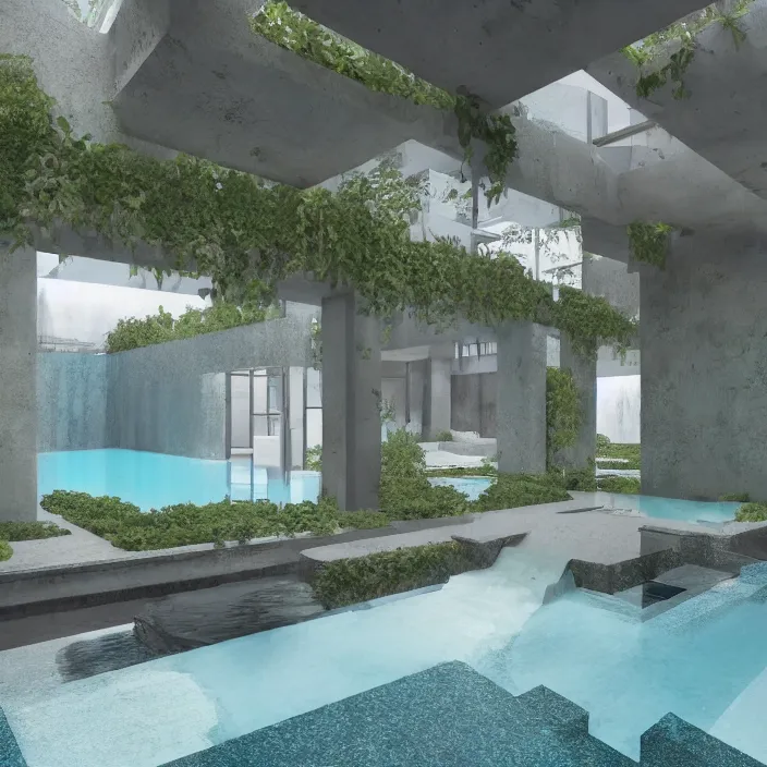 Image similar to a room with a pool in the middle of it, a digital rendering by ricardo bofill, featured on cg society, hypermodernism, vray tracing, rendered in unreal engine, liminal space