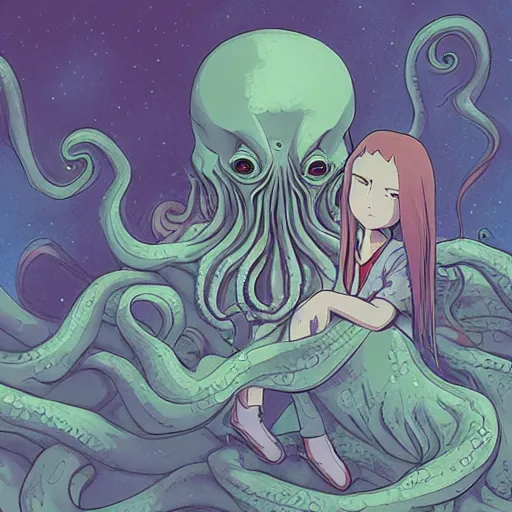 Image similar to A portrait of cthulhu, soft lighting, lovecraft, cool tones, cosmic horror, anime, in the style of studio ghibli, smooth