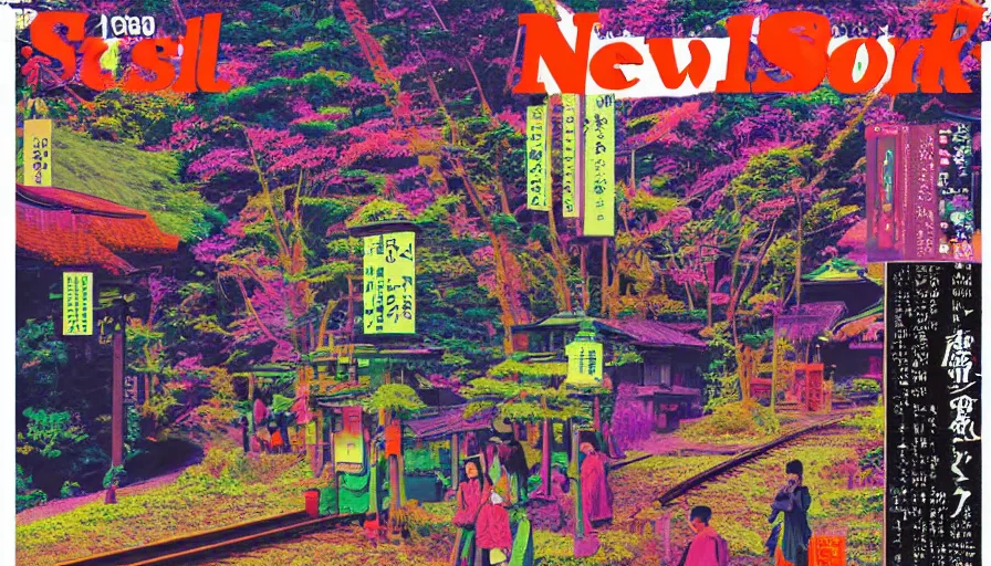 Image similar to Japan rural splendor rail travel and touring c2050, surrealist psychedelic photo-collage painting spot illustration in the style of Newsweek magazine, +81 magazine, muted deep neon color