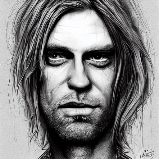 Prompt: surrealism grunge cartoon portrait sketch of Kurt Cobain, by michael karcz, loony toons style, freddy krueger style, horror theme, detailed, elegant, intricate