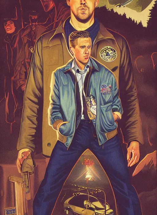 Prompt: ryan gosling in letterman jacket small town crime scene being hunted by the killer, twin peaks poster art, by michael whelan, rossetti bouguereau, artgerm, retro, nostalgic, old fashioned, 1 9 8 0 s teen horror novel cover, book,