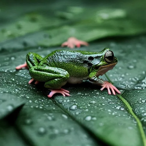 Prompt: a national geographic close-up photograph of a rat and frog on a giant leaf, in the rain.