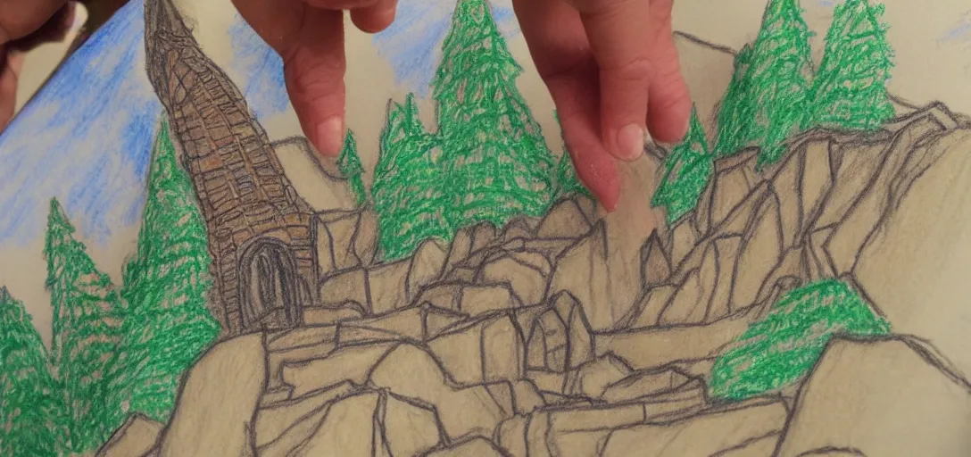 Image similar to Rivendell poorly drawn in wax crayon by a five-year old