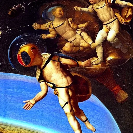 Prompt: a astronaut floating in space, renaissance painting, high quality, highly detailed, anatomically correct, complementary colors