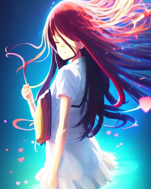 Image similar to anime style, vivid, expressive, full body, 4 k, painting, a cute magical girl with a long wavy black hair, stunning, realistic light and shadow effects, centered, simple background, studio ghibly makoto shinkai yuji yamaguchi