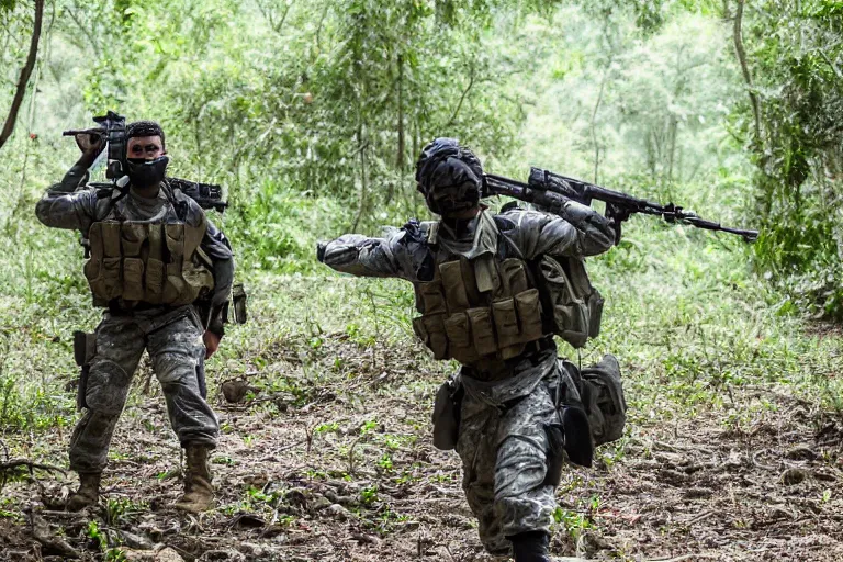 Image similar to Mercenary Special Forces soldiers in grey uniforms with black armored vest in a battlefield in the jungles 2022, Canon EOS R3, f/1.4, ISO 200, 1/160s, 8K, RAW, unedited, symmetrical balance, in-frame, combat photography