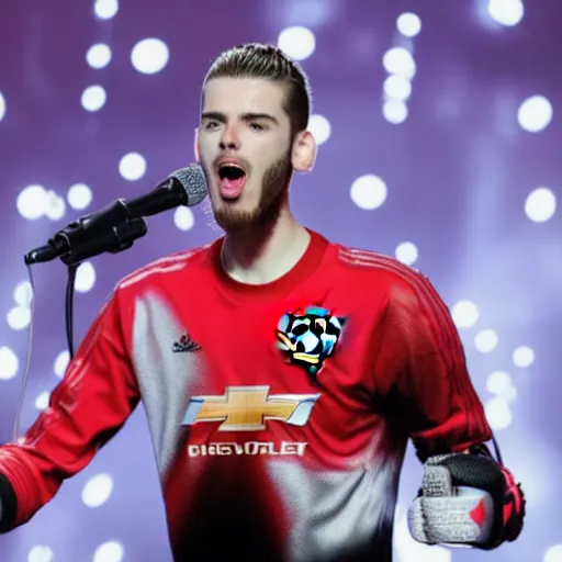 Image similar to david de gea singing pop with a microphone, indoor