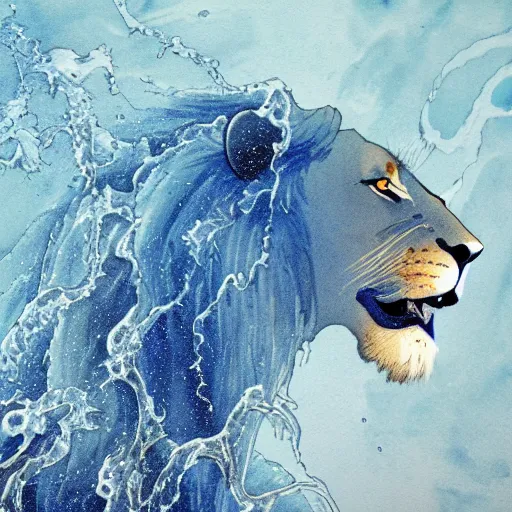 Image similar to a male lion's face breaching through a wall of water, water sprites, splashing, deep blue water color, highly detailed