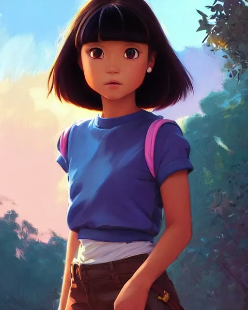 Image similar to real girl dora the explorer wearing her cloth made from leather, fine detail!! anime!! realistic shaded lighting!!, kim hyun joo, digital painting by ilya kuvshinov, magali villeneuve, artgerm, jeremy lipkin and michael garmash and rob rey