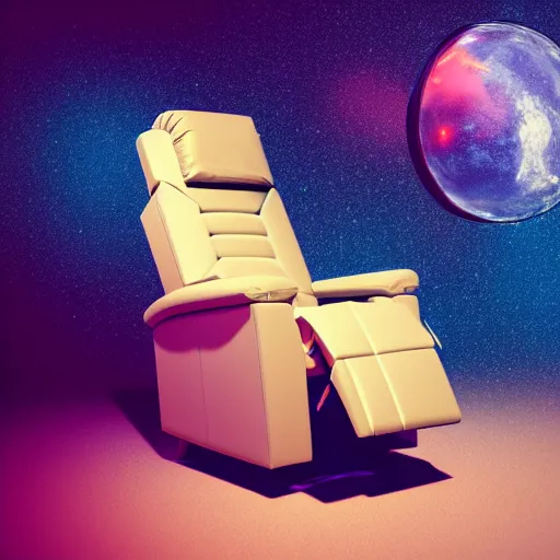 Image similar to recliner chair floating in space, acupuncture treatment, rendered in octane, 8 k, photorealistic person receiving acupuncture, galactic background, dreamy, dramatic lighting, universe scale