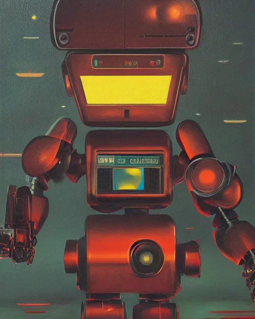 Prompt: a robot made of 8 0 s era technology, vintage shapes, retro technology, vintage color, wayne barlow, oil on canvas, deep depth of field, masterpiece, cinematic composition, hyperdetailed