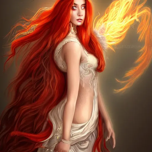 Image similar to Attractive young female fire angel, beautiful long white hair, wearing tumultus flames, intricate, highly detailed, elegant, digital painting, trending on artstation