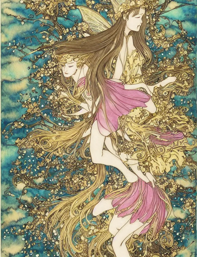 Image similar to faerie spirit of cupcakes, lost in the mountains. this watercolor and gold leaf work by the award - winning mangaka has a beautiful composition and intricate details.