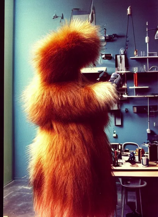 Image similar to realistic photo of a a hairy furry fluffy birdman, very long beak, in a living room sci - fi laboratory with many wooden gadgets made of wood interior is made of wood 1 9 9 0, life magazine reportage photo, natural colors