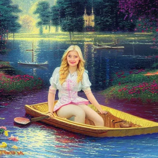 Prompt: A painting of a blonde girl sitting in a boat floating on a beautiful lake by thomas kinkade
